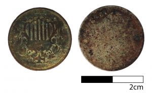 Coins from the Fort Richardson excavations. Left: 1867 U.S. nickel; Right: 1902 U.S. nickel.