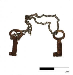 Iron keys on a brass chain from the Fort Richardson excavations