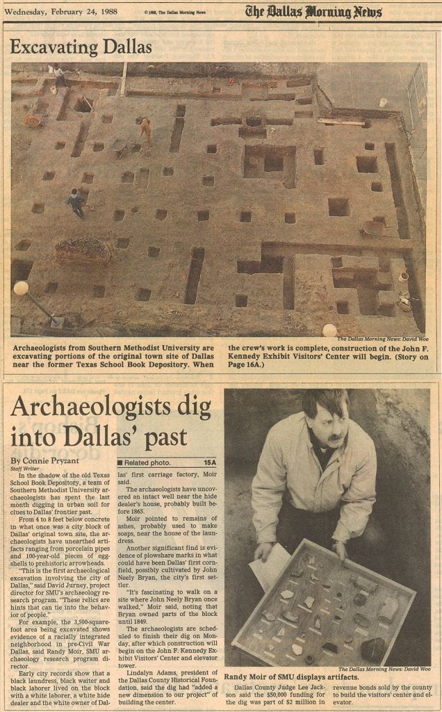 Dallas Morning News clipping highlighting the SMU archaeology project at the Dallas County Administration Building. A photograph taken from several stories up shows a checkerboard of excavation squares. Another photograph shows archaeologist Randy Moir holding a display box of artifacts from the mid 1800s.